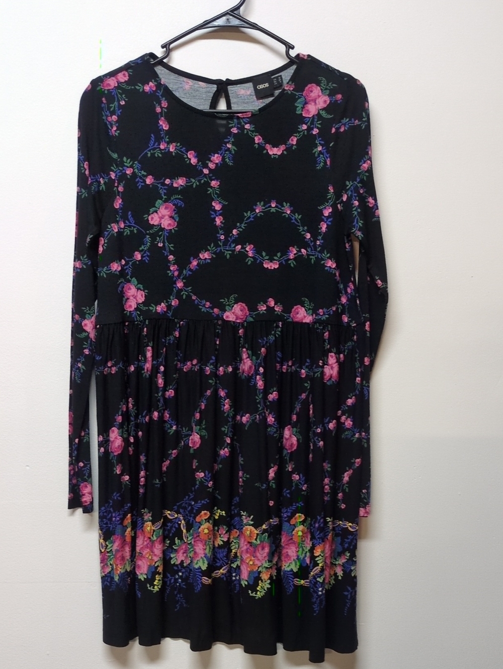 ASOS Black Floral Border Print Long Sleeve Dress, Size 6